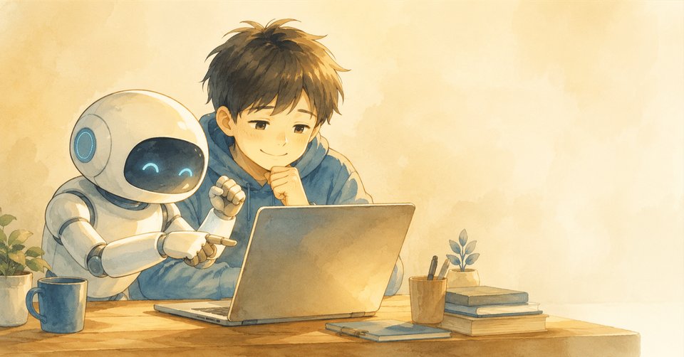 設計図・定規・絵の具など、道具を並べて作業台で家を組み立てているイラスト