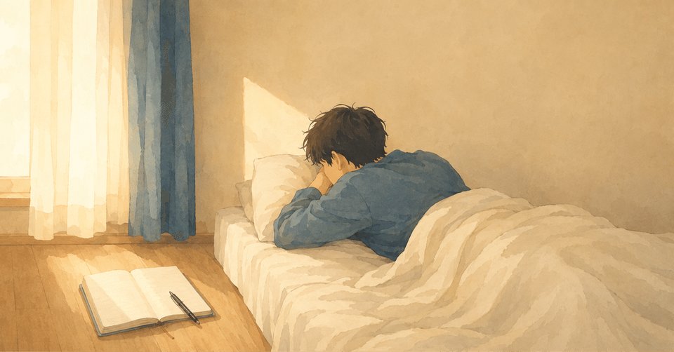 ベッドにうつ伏せで顔を伏せる男性と、床に置かれたノートのイラスト