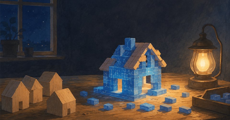 ランプに照らされたブロックの家の模型と、周りに置かれた小さな家々のイラスト