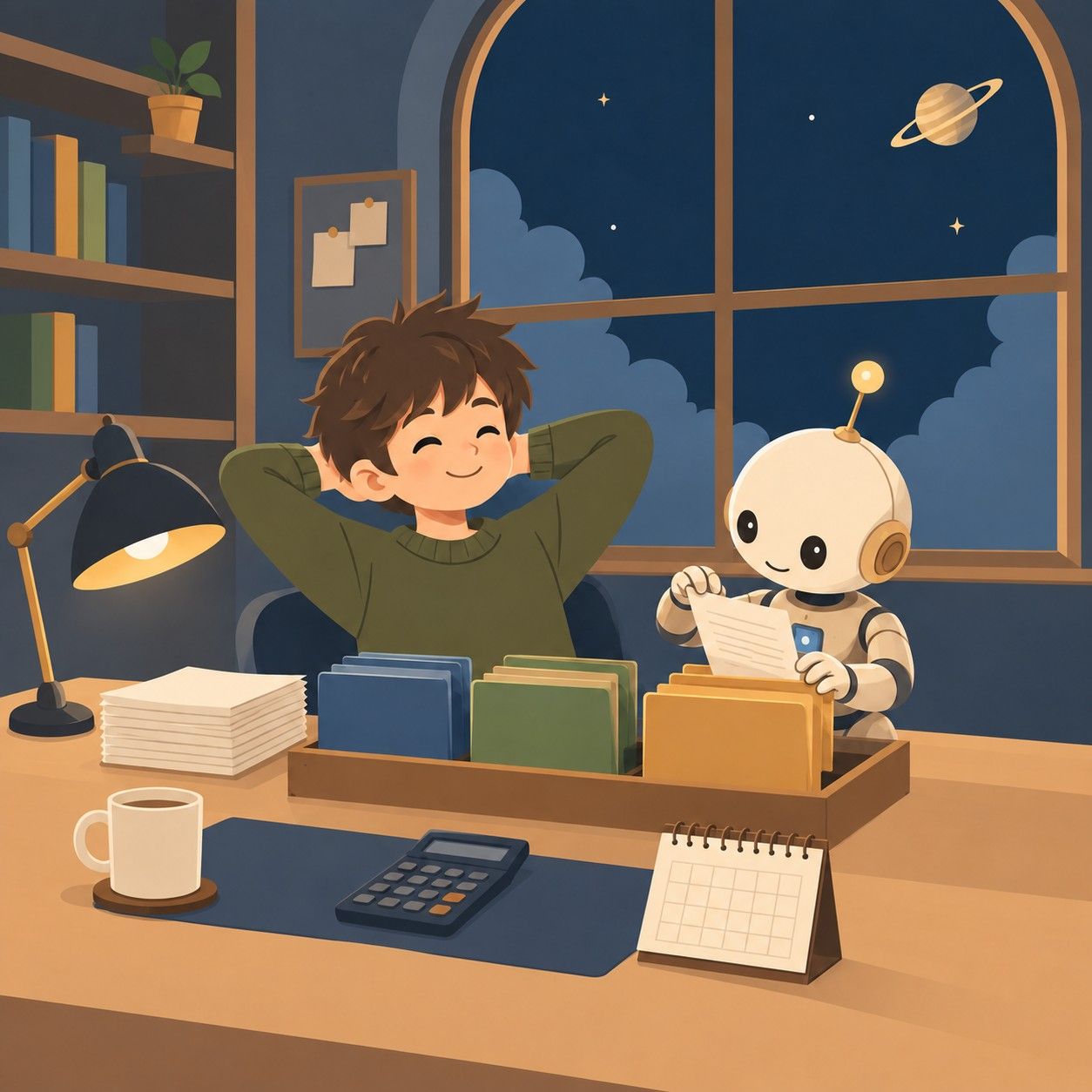 星空の仕事部屋で、くつろぐ少年と書類を整理するロボットのイラスト