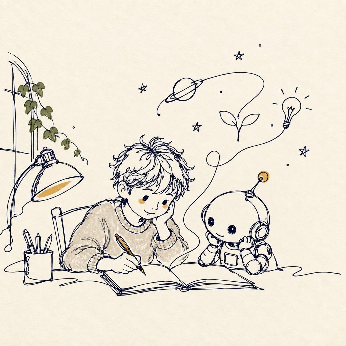 星空の書斎で、光るノートに文章を書く少年とロボット